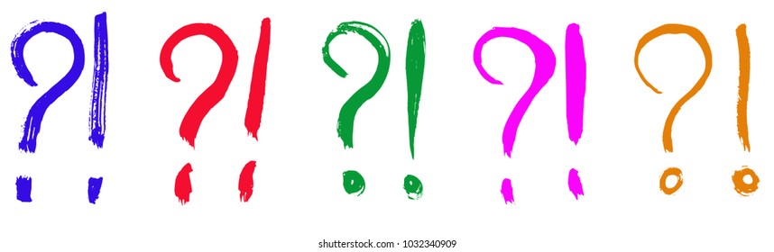 Colorful vector question marks and exclamation marks.Dry brush strokes, hand drawn