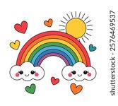 Colorful vector rainbow with clouds and hearts surrounding it