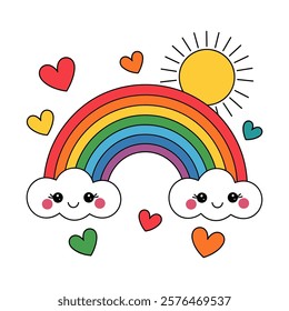 Colorful vector rainbow with clouds and hearts surrounding it