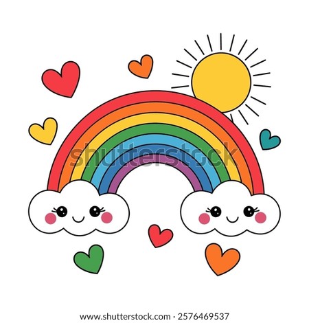 Colorful vector rainbow with clouds and hearts surrounding it