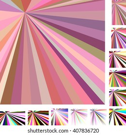 Colorful vector ray burst design background set. Different color, gradient, screen, paper size versions.