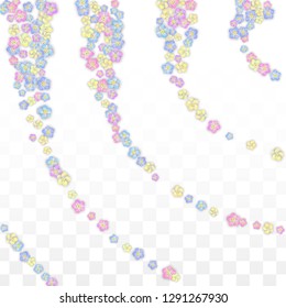 Colorful Vector Realistic Petals Falling on Transparent Background.  Spring Romantic Flowers Illustration. Flying Petals. Sakura Spa Design. Blossom Confetti. Design Elements for  Poster Design. 