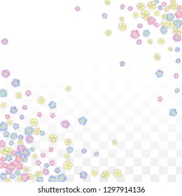 Colorful Vector Realistic Petals Falling on Transparent Background.  Spring Romantic Flowers Illustration. Flying Petals. Sakura Spa Design. Blossom Confetti. Design Elements for  Poster Design. 