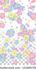 Colorful Vector Realistic Petals Falling on Transparent Background.  Spring Romantic Flowers Illustration. Flying Petals. Sakura Spa Design. Blossom Confetti. Design Elements for  Mother's Day.