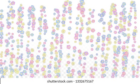Colorful Vector Realistic Petals Falling on Transparent Background.  Spring Romantic Flowers Illustration. Flying Petals. Sakura Spa Design. Blossom Confetti. Design Elements for  St. Valentine Day.