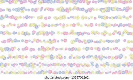 Colorful Vector Realistic Petals Falling on Transparent Background.  Spring Romantic Flowers Illustration. Flying Petals. Sakura Spa Design. Blossom Confetti. Design Elements for  Poster Design. 