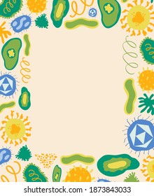 Colorful vector rectangular frame with different viruses and bacteria on light peachy background. Laboratory, microbiology, science, study, clinical research, medicine, cartoony