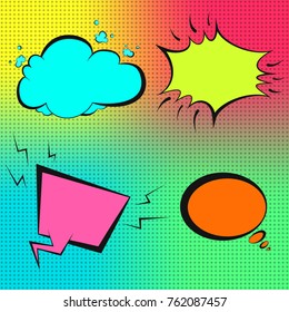Colorful vector retro comic speech bubbles on dotted mesh background in pop art style. Black outline colour balloons for comics book or advertisement text, web design