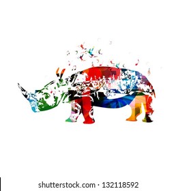 Colorful vector rhino background with hummingbirds