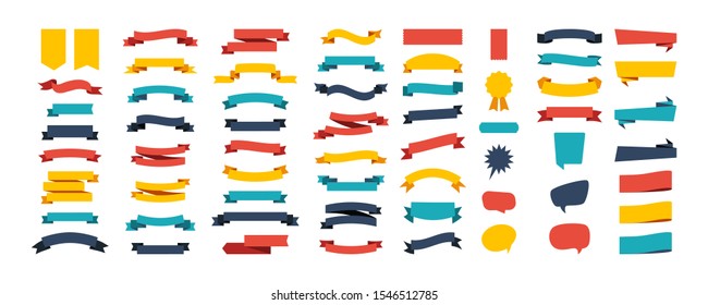 Colorful Vector Ribbon Banners. Set of Ribbons Banners with Label, Tag and Quality Badges, isolated on white background. Ribbon Banner in modern simple flat design. Vector illustration