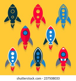 Colorful vector rocket icons collection on yellow background