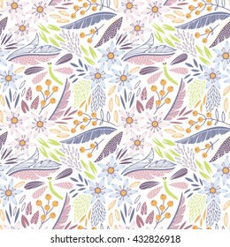 Colorful vector romantic seamless pattern with flowers and dragonflies