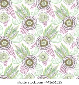 Colorful vector romantic seamless pattern with flowers and dragonflies