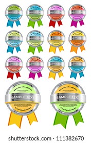 Colorful vector round badge / banner collection with floral background, metallic decoration and ribbons