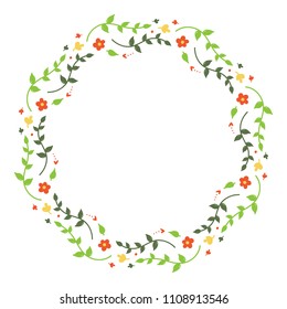 Colorful vector round floral frame with branches, leaves and flowers for spring and summer design.