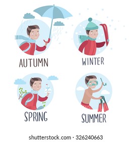 Colorful vector round icons set of four seasons weather conditions with funny cute happy face of boy and hand drawing lettering of title Autumn, Winter, Spring, Summer