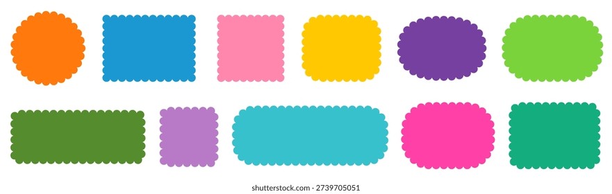Colorful vector round, square and rectangular shapes with scalloped wavy zigzag edges, Cute graphic design elements for labels, gift and sale tags