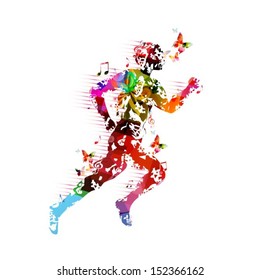 Colorful vector runner silhouette background with butterflies.