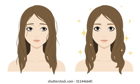 Colorful vector sad pretty woman with split ends and happy one with healthy hair. Cute cartoon girl with hair problems shows the result of using care cosmetic product.