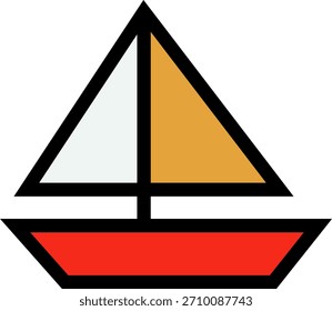 Farbiges Vektorsegelboot-Symbol mit einfachen geometrischen Formen. Stellt Reise-, Segel-, Meer-Abenteuer und nautische Themen.