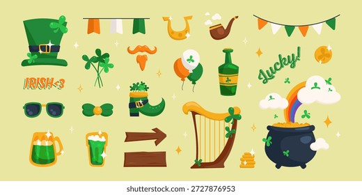 Colorful vector Saint Patrick’s Day design elements featuring leprechaun hat, clovers, beer, rainbow, gold, Irish symbols and festive decorations for holiday cards, posters and themed designs.