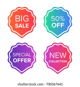 Colorful vector sale tags and badges set. Big sale, special offer, price off, new collection badges. Promotion banner templates