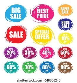 Colorful Vector Sale Tags In Grunge Style. Big Sale,Sale, Special Offer,Super sale, Best Price,Huge Sale,90%off,80%off, 70% off,60%off, 50% off,40%off, 30% off, 20% off,10%off.