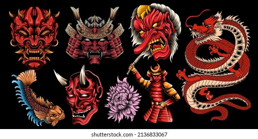 Colorful vector Samurai clipart, vector illustrations for a Japanese theme.