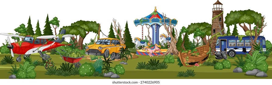 Colorful vector scene of derelict vehicles and carousel reclaimed by dense forest vegetation