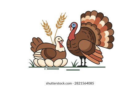 Colorful vector scene showing a mother turkey nesting on eggs beside a proud father turkey with a fanned tail.