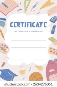 Colorful Vector School Diploma Certificate Template for Kids with Educational Elements. Award or Achievement Document Cartoon Design with Stationery, Sports, and Science Icons.