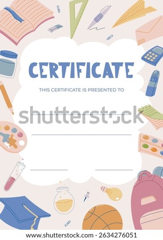 Colorful Vector School Diploma Certificate Template for Kids with Educational Elements. Award or Achievement Document Cartoon Design with Stationery, Sports, and Science Icons.