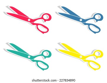 Colorful vector scissors icons stickers on white background