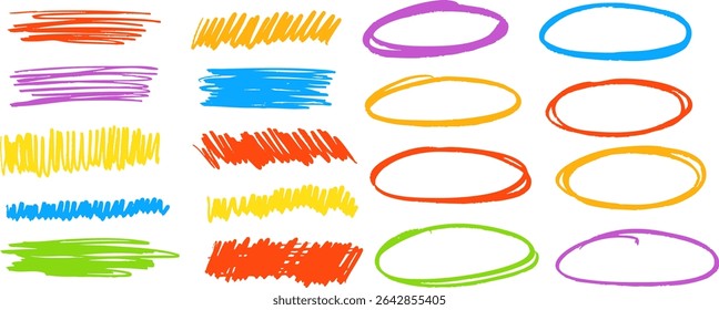 Colorful vector scribble strokes and highlight circles set on transparent background. Perfect for underlines, notes, or design accents. Vector EPS 10
