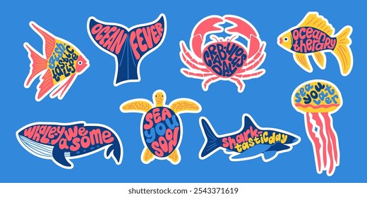 Colorful vector sea life stickers with playful hand drawn phrases like Ocean Therapy, Crabulous Day, and Whaley Awesome with various ocean animals on blue background, ideal for a fun, aquatic vibe