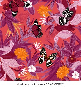 Colorful vector seamless artistic bright tropical pattern with exotic forest. Original stylish floral background print,design for fashion,fabric and all prints , bright rainbow colors on summer pink