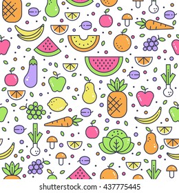 Colorful vector seamless background with fruits and vegetables executed in trendy flat style. Suitable for restaurant menu backdrop, juice bar, vegan and healthy food concept illustration.