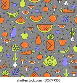 Colorful vector seamless background with fruits and vegetables. Suitable for restaurant menu backdrop, juice bar, vegan and healthy food concept illustration.