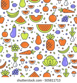 Colorful vector seamless background with fruits and vegetables. Suitable for restaurant menu backdrop, juice bar, vegan and healthy food concept illustration.