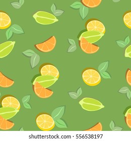 Colorful vector seamless background with slices of orange, lime, lemon. Background design for products with fillings citrus, vitamin products, eco-products, drinks menu for textiles and paper.