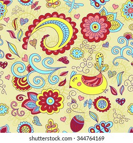 colorful vector seamless floral pattern and a cute bird. background. Doodle.