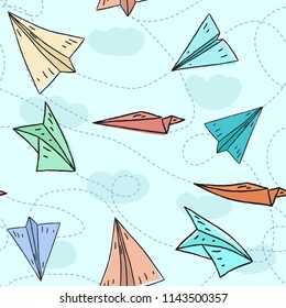 Colorful vector seamless with flying paper airplanes.