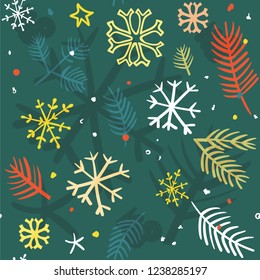 Colorful Vector seamless hand drawn snowflakes pattern. Winter background. Merry Christmas and 2019 Happy New Year snowflakes pattern. 