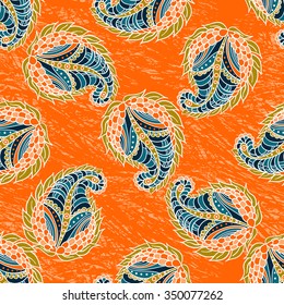 colorful vector seamless hand drawn paisley pattern on a texture orange background