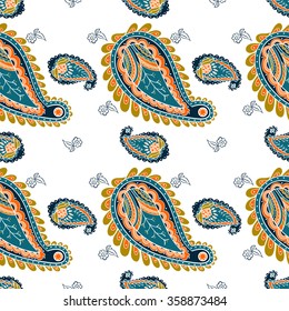 colorful vector seamless hand drawn paisley pattern and small flowers on a white background