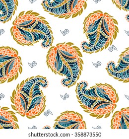colorful vector seamless hand drawn paisley pattern on a white background