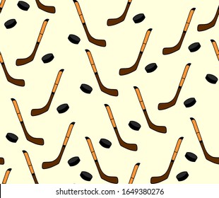 Colorful vector seamless illustration with hockey sticks and pucks