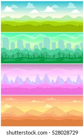 Colorful vector seamless landscapes set. Looping backgrounds for game design.