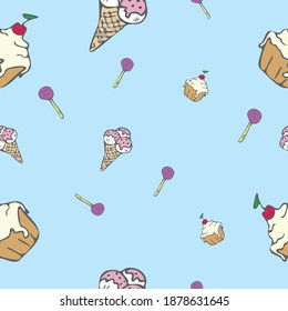 colorful vector seamless patern. sweets on a blue background. cake, lolipops, ice cream