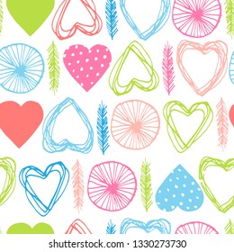 Colorful vector seamless pattern with abstract hand drawn hearts and feathers in cute spring colors on white background. Pink, green and blue shapes. Trendy wallpaper design for fabric and textile.